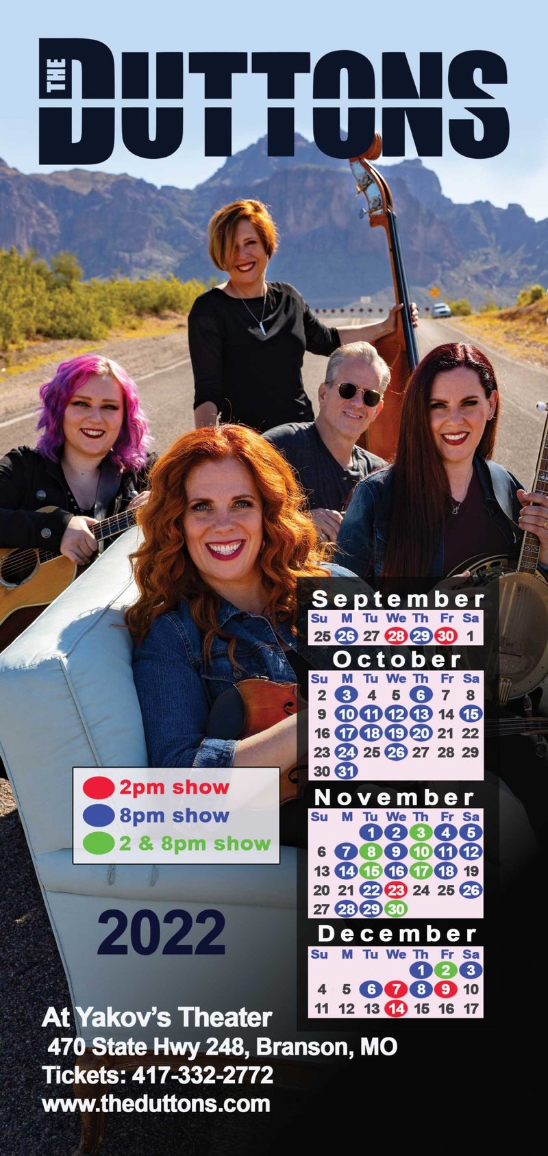 Flyer for The Duttons’ 2022 shows at Yakov’s Theater, with a family photo and the September to December show calendar