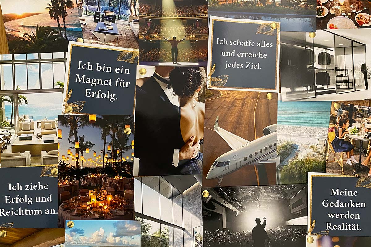 Ein Visionboard, oder auch Motivations-Collage genannt, ist eine Zusammenstellung von Bildern, die dich inspirieren und motivieren.