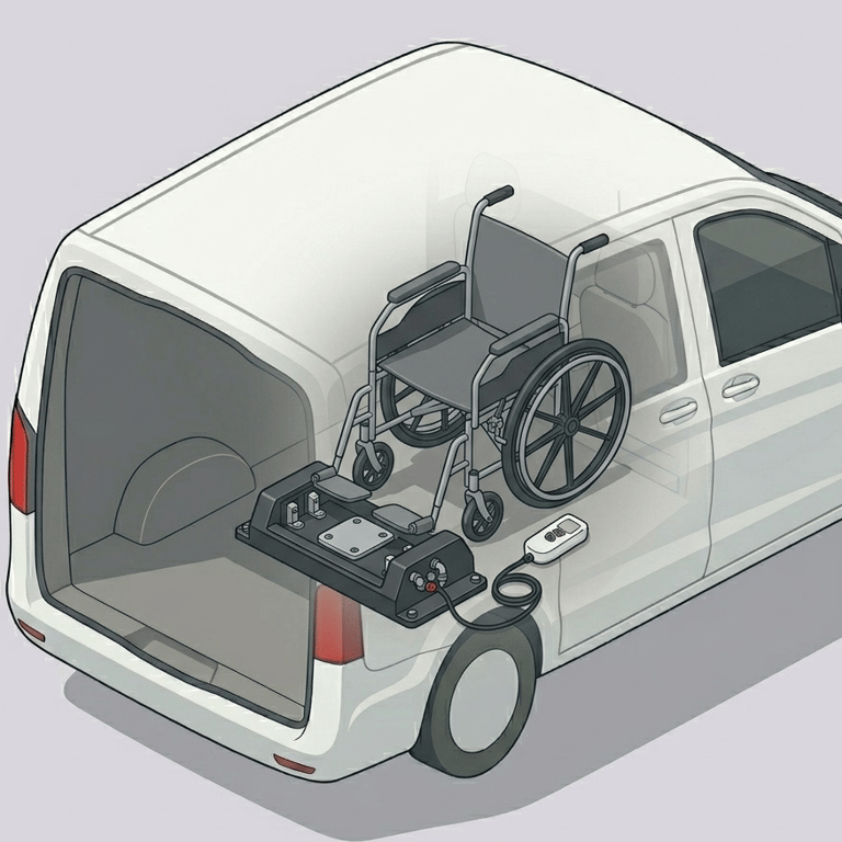 Wheelchair docking system base mounted in floor of accessible van