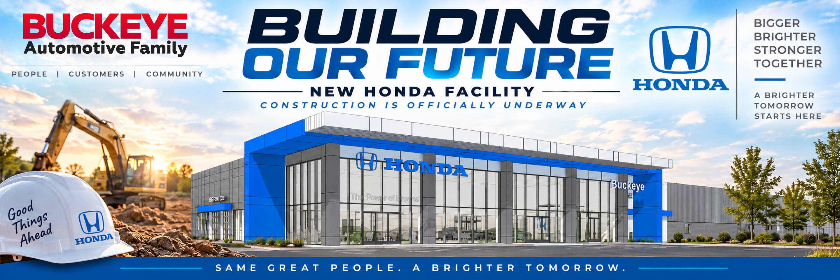 Artist's rendering of the new Buckeye Honda dealership building in Lancaster, Ohio, with a glass showroom and blue Honda signage