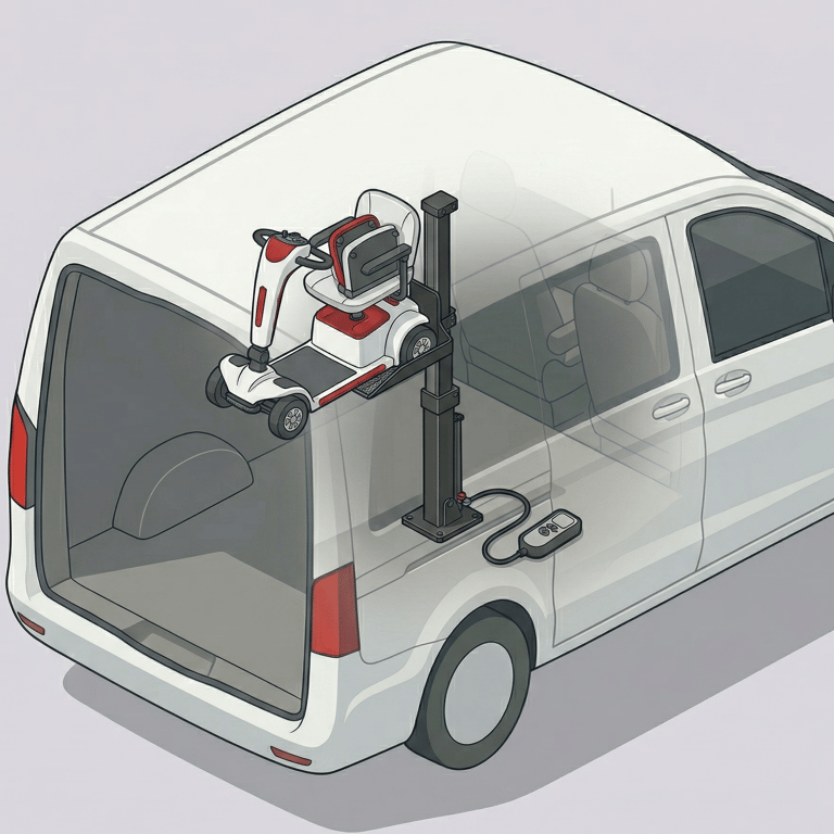 Scooter lift loading a folding mobility scooter onto vehicle hitch