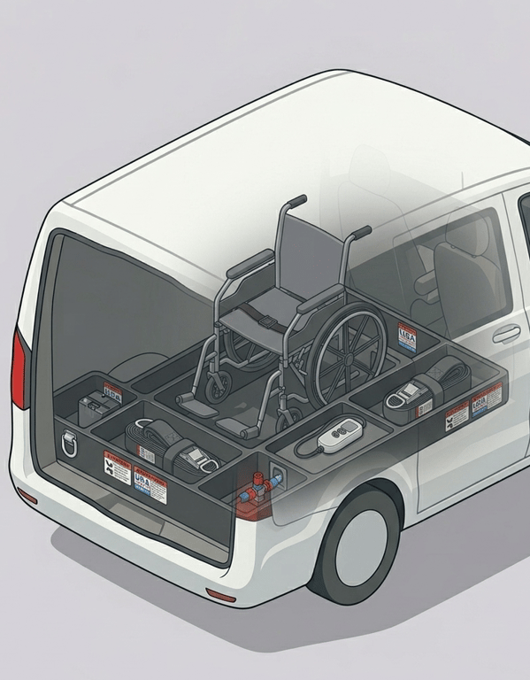 Wheelchair secured in vehicle cargo area with organizing system