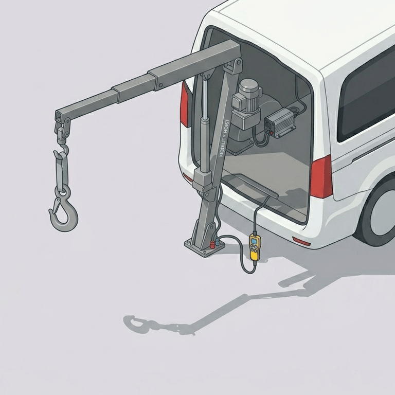 Boom and hoist lift crane arm loading wheelchair into SUV