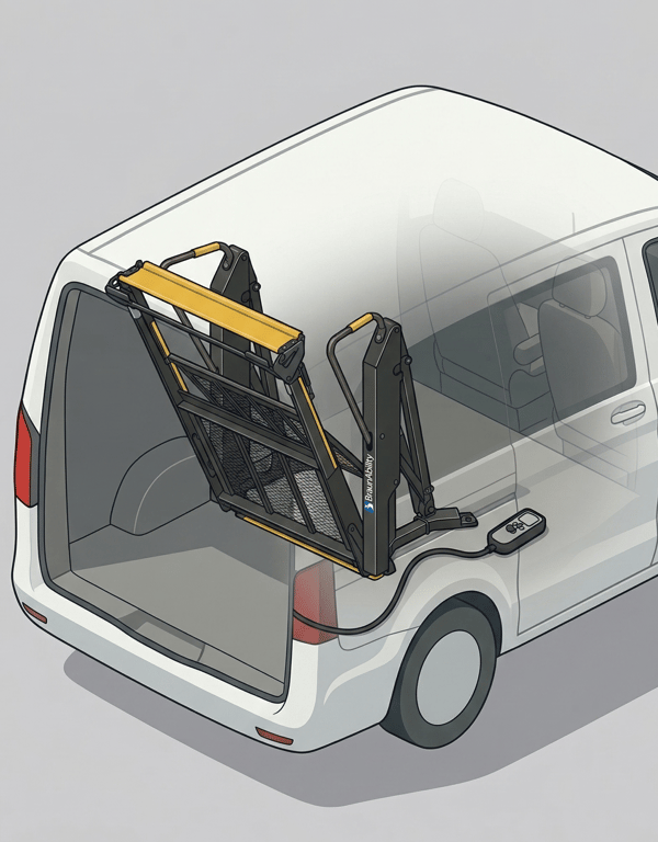 Interior wheelchair lift mounted inside vehicle cargo area