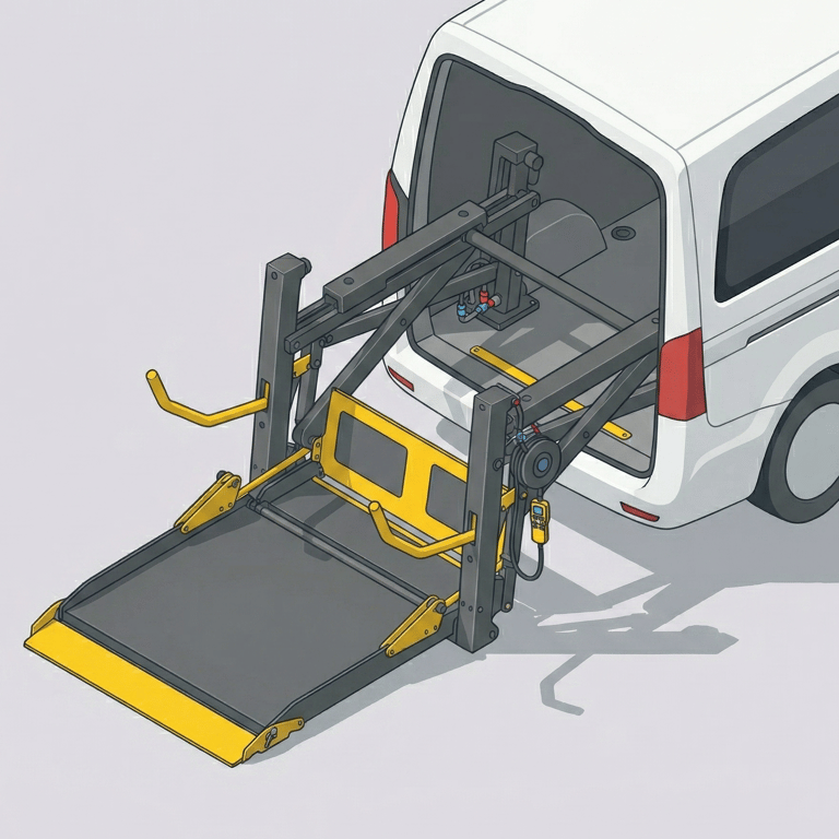 Wheelchair platform lift raising a wheelchair into an SUV cargo area
