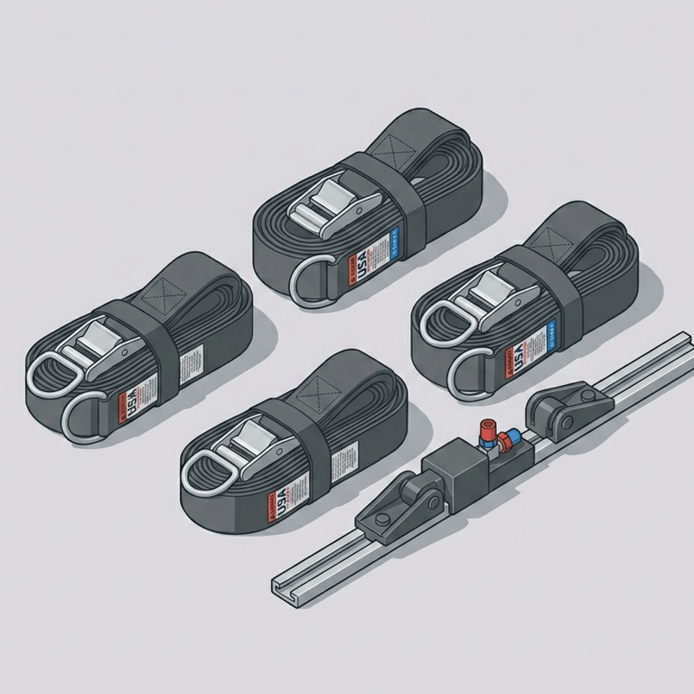 Four-point wheelchair tie-down system securing wheelchair in accessible van