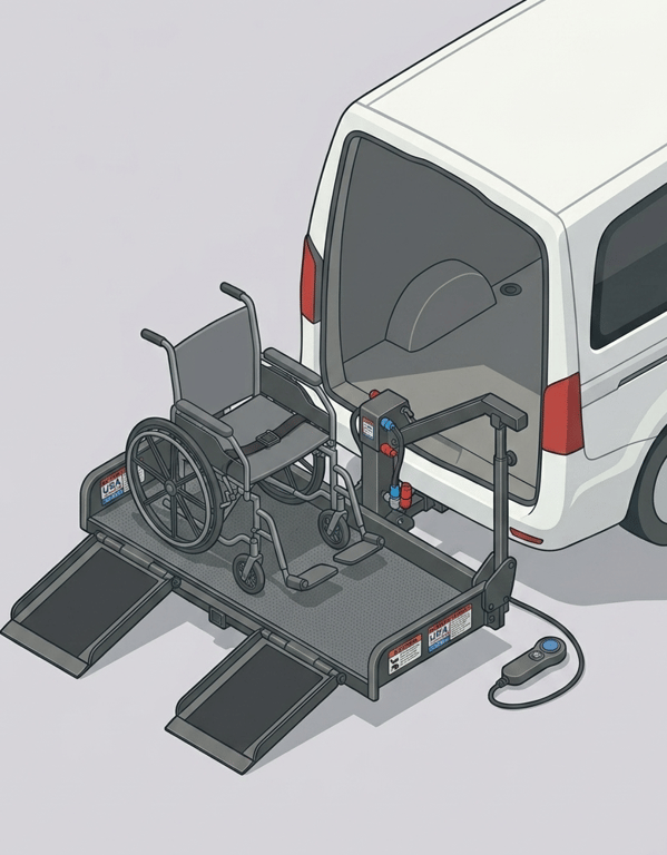Hitch-mounted wheelchair carrier attached to vehicle trailer hitch