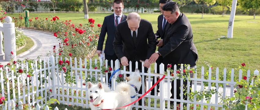 Путину подарили пару собак от Ким Чен Ына во время турне по Северной Корее.