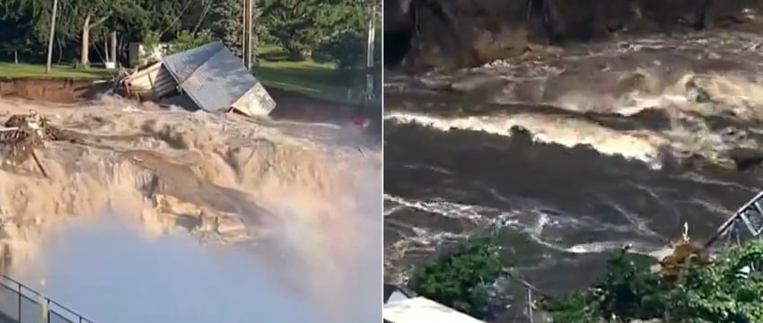 На видео видно, как бушующая вода обтекает нашу плотину, сметая здания.