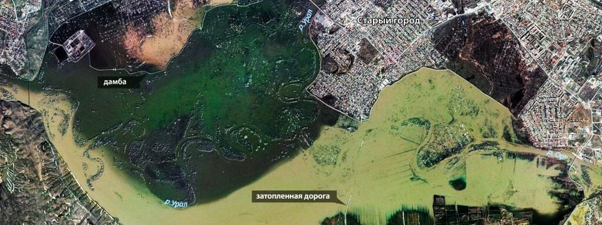 «Роскосмос» показал, как выглядит прорыв дамбы в Оренбургской области со спутника — Фото