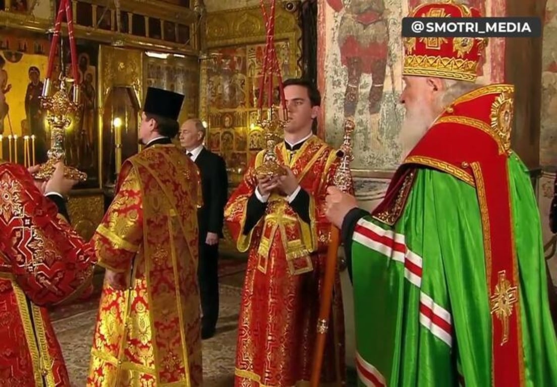 Патриарх Кирилл и Владимир Путин во время молебна по случаю инаугурации. 7 мая 2024 года. Скриншот трансляции