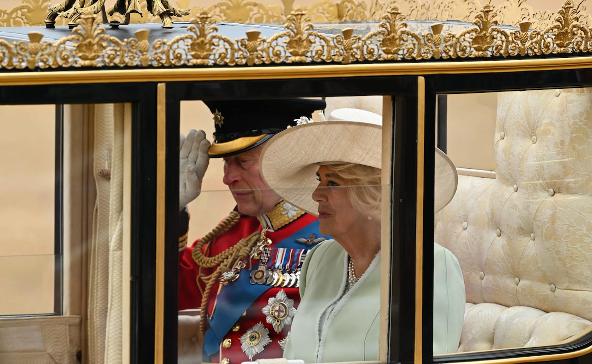 King Charles, Queen Camilla arrive for "Trooping the Colour" ceremony on Horse Guards Parade, in London.