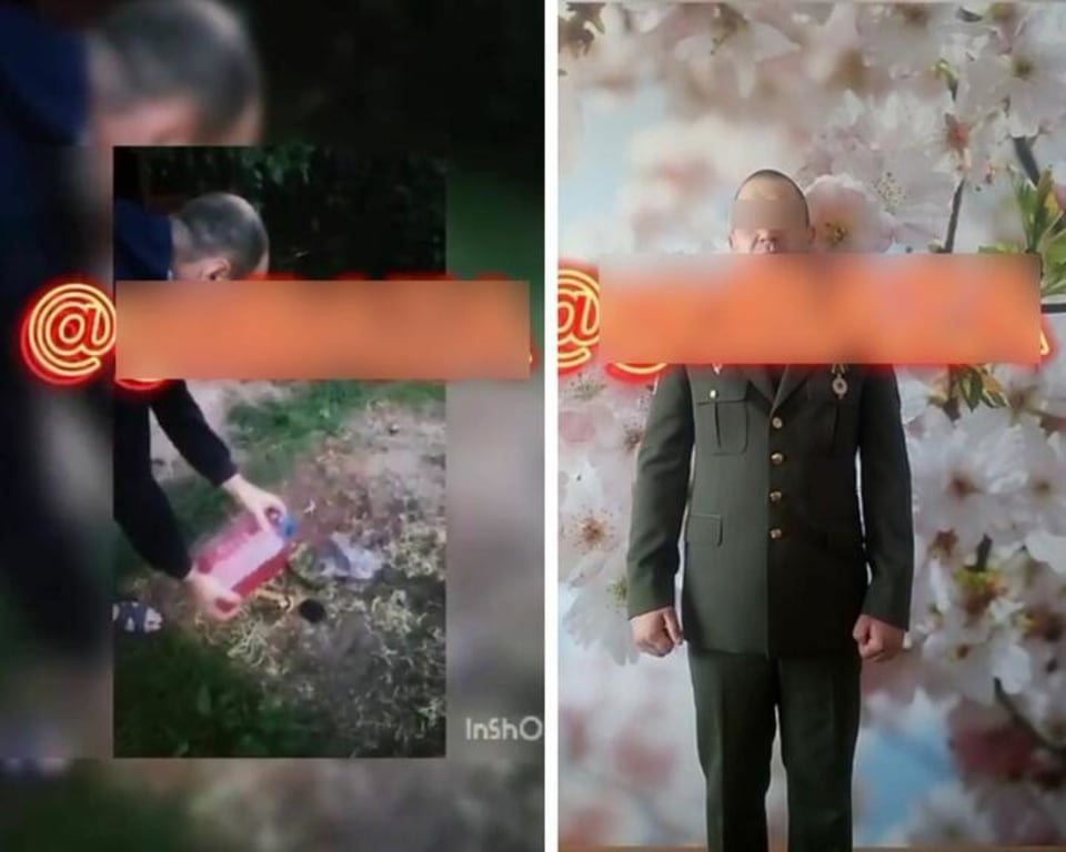 Задержанные во время облавы в Барановичах экс-военные. На коллаже слева — фрагмент, как мужчина сжигает головной убор и шевроны внутренних войск, справа — другой житель Барановичей в видео в поддержку мирных протестов. Коллаж: «Зеркало»