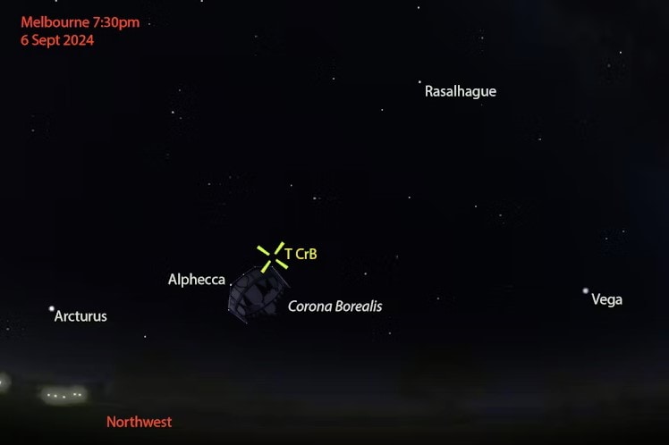 By September, Corona Borealis will be moving lower into the northwest sky and best seen between 7:30pm to 8pm local time. Museums Victoria/Stellarium.