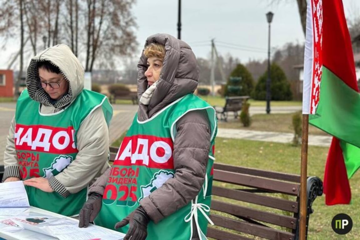 Сборщики подписей за выдвижение Александра Лукашенко в кандидаты в президенты в жилетках с надписью «Надо». Заславль, 17 ноября 2024 года. Фото: pristalica.by