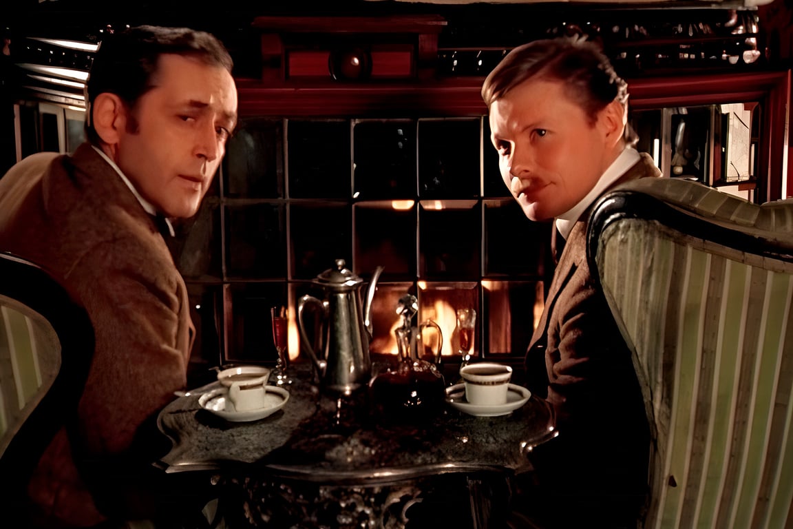 Шерлок Холмс и доктор Ватсон у камина. Кадр из советского фильма