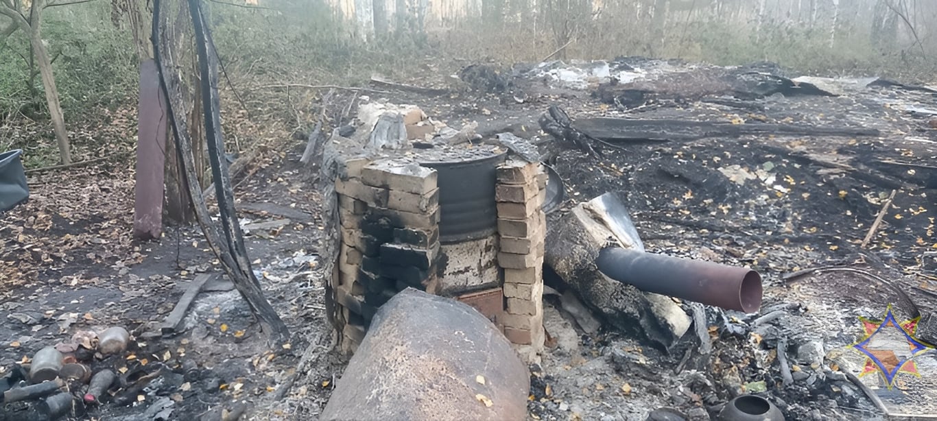 В Браславском районе на пожаре погибла 56-летняя женщина, которая жила в самодельной хижине в лесу. Фото МЧС