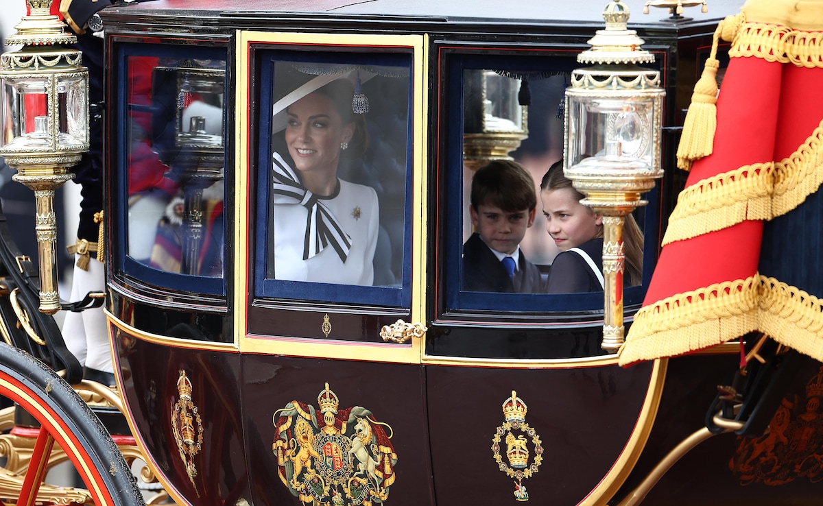 Kate Middleton, along with Princess Charlotte and Prince Louis, on their way to Horse Guards Parade for the King Charles Birthday Parade "Trooping the Colour" in London.