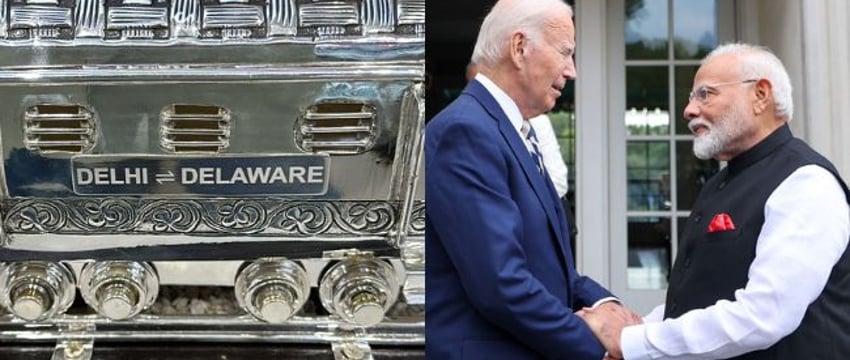 Премьер-министр дарит Байдену серебряную модель поезда с ручной гравировкой, а Джилл - шаль из пашмины