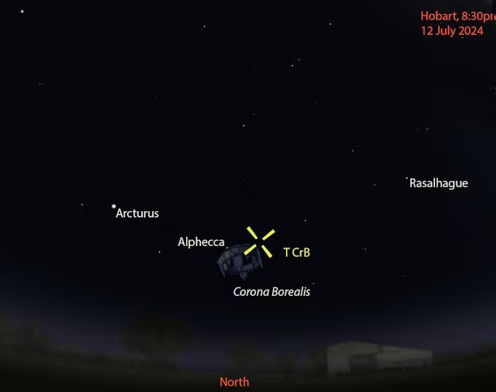 Whereas down south in Hobart, Corona Borealis stays low in the north. The bright star Arcturus acts as a good guide. Museums Victoria/Stellarium.