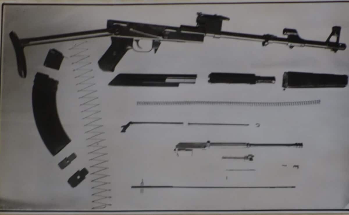 Experimental AK-47 assault rifle in disassembled form.