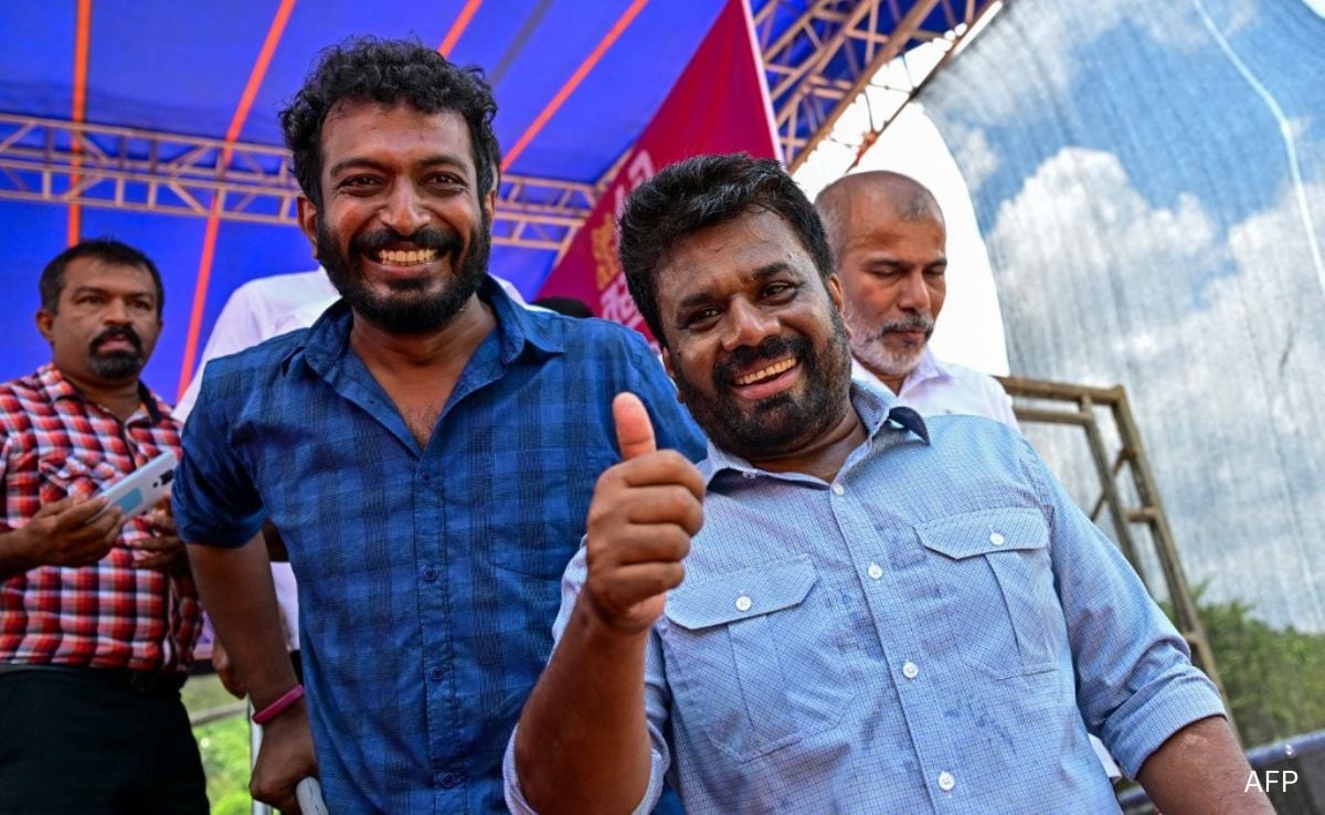 National Peoples Power (NPP) presidential candidate Anura Kumara Dissanayaka gestures during an election rally.