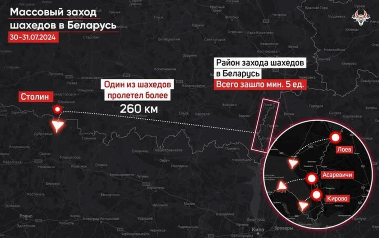 Карта захода российских беспилотников в Беларусь в ночь на 31 июля 2024 года. "Беларускі Гаюн"