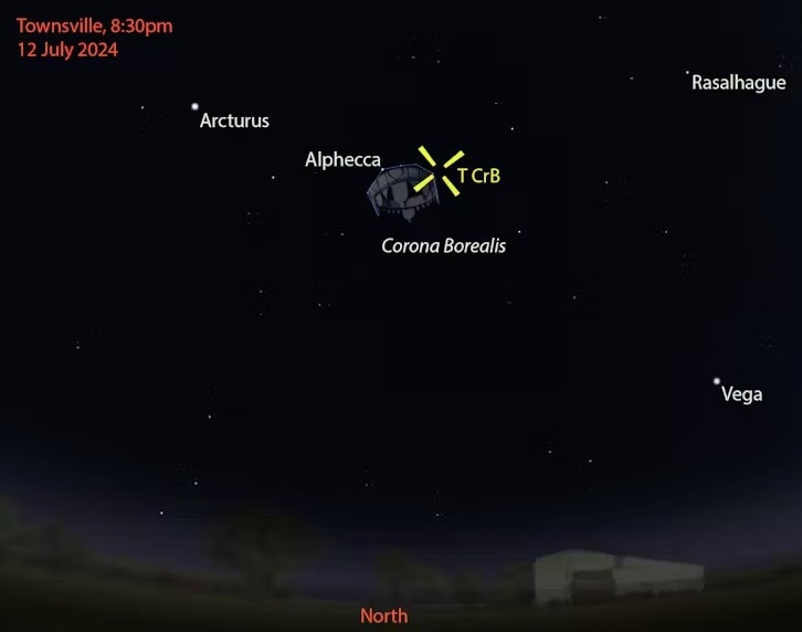 The farther north you are located, the higher Corona Borealis will appear in the northern sky. The new star will be about as bright as Alphecca in Corona Borealis or the nearby Rasalhague in Ophiuchus. Museums Victoria/Stellarium.