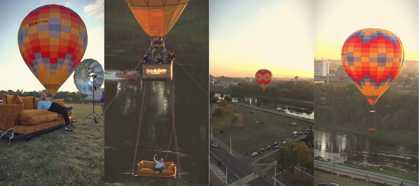 Диван, буксируемый воздушным шаром над Витебском. Кадры из видео Instagram