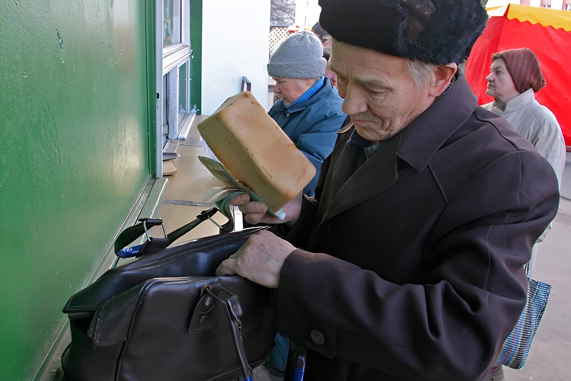 Пожилой пенсионер покупает хлеб. Фото BM