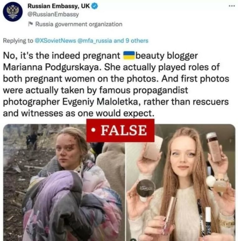 Этот твит российского посольства в Лондоне о том, что Марианна - актриса, был удален "Твиттером" как содержащий ложную информацию. Фото: скриншот Twitter