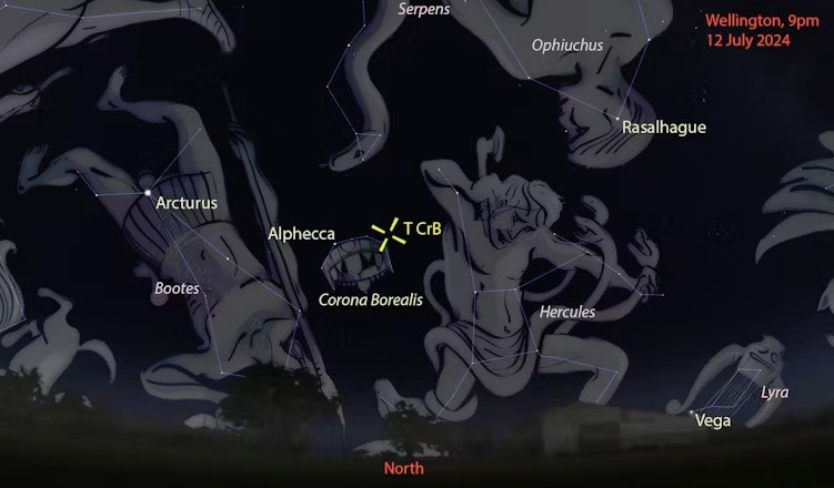 Across Aotearoa, T CrB is best seen around 9pm throughout July. Additional constellations are shown for reference. Museums Victoria/Stellarium.