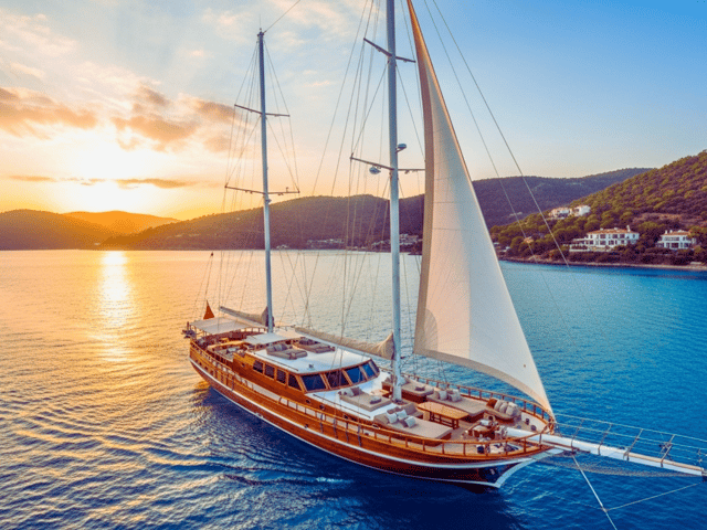 Traditional Turkish gulet sailing along the turquoise waters of the Turkish coast