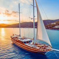 Traditional Turkish gulet sailing along the turquoise waters of the Turkish coast