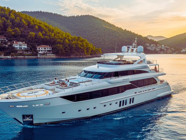 Luxury yacht sailing in Mediterranean waters with scenic coastline