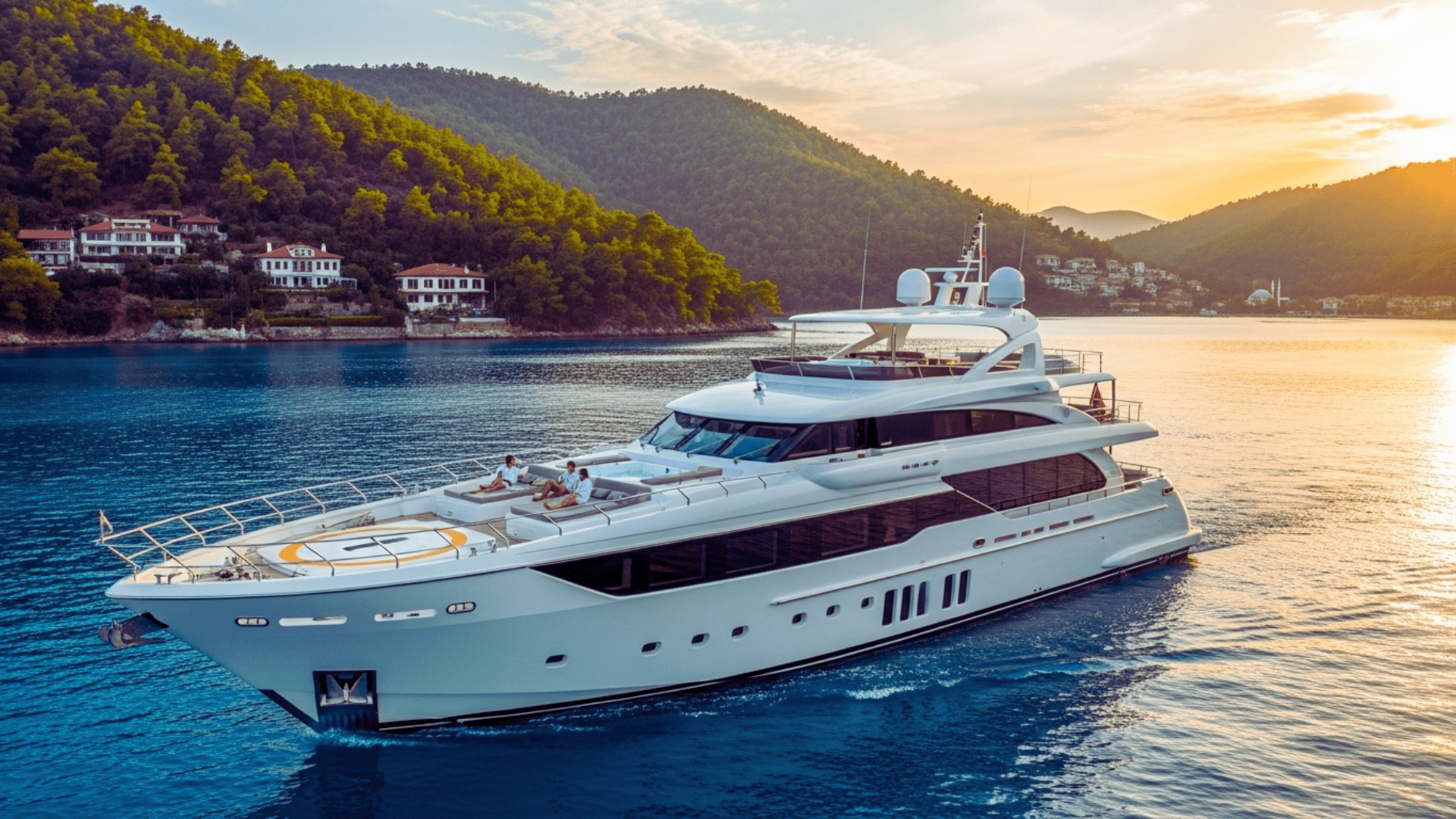 Luxury yacht sailing in Mediterranean waters with scenic coastline