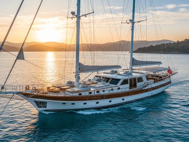 Luxury yacht sailing in the Eastern Mediterranean with scenic coastline