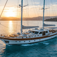 Luxury yacht sailing in the Eastern Mediterranean with scenic coastline