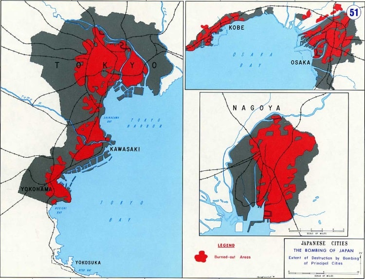 Zones détruites par les bombes incendiaires sur les principales villes japonaises Zones détruites par les bombes incendiaires sur les principales villes japonaises