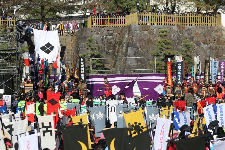 Plan large de la scène. Au premier plan, les ashigaru, les archers, les tireurs à armes à feu et autres représentants de la caste guerrière sont impeccablement alignés derrière une première rangée de spectateurs assis