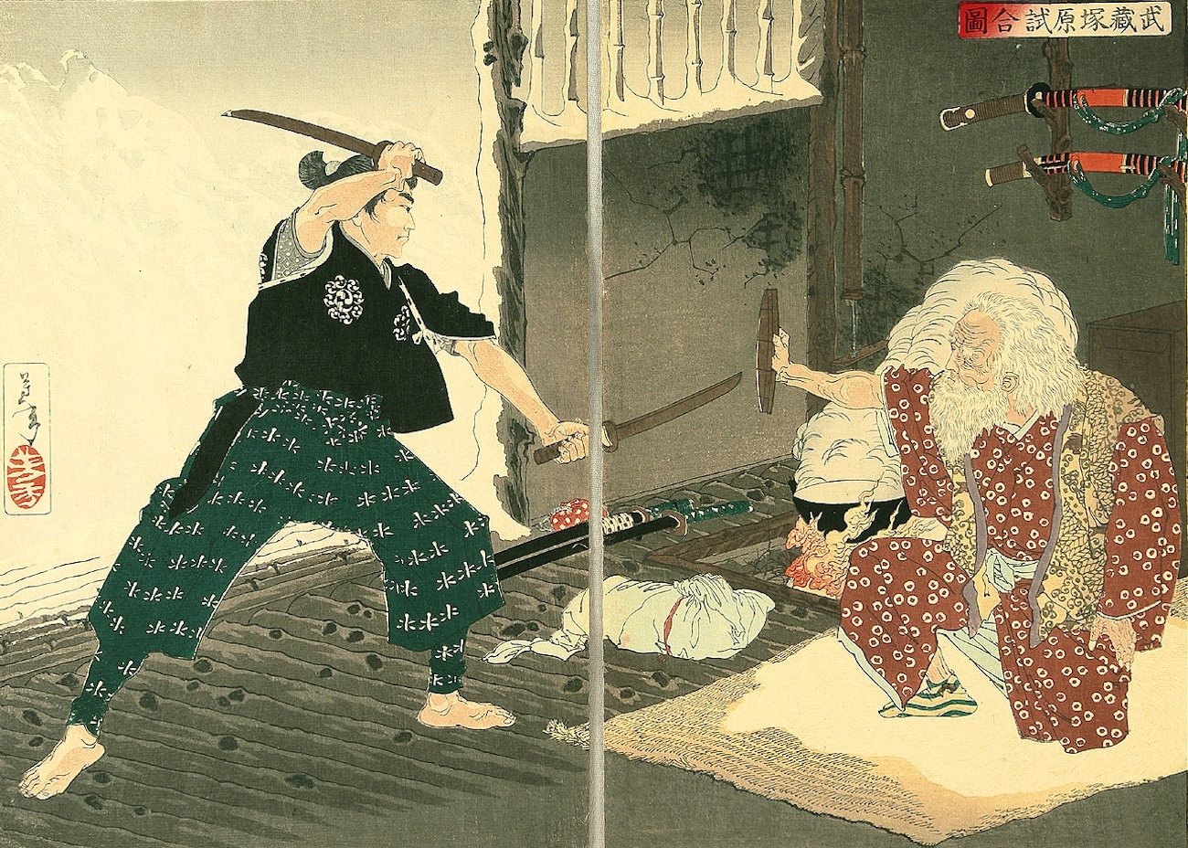 Miyamoto Musashi, célèbre créateur de l’école d’escrime Nitenryu, rencontre le légendaire maître d’épée Kasawara Bokuden au cours de son «musha shugyo» (pèlerinage guerrier).