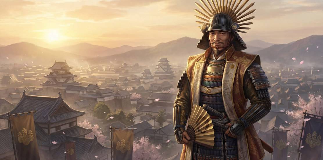 Toyotomi Hideyoshi en armure, devant un château japonais à l’époque Sengoku