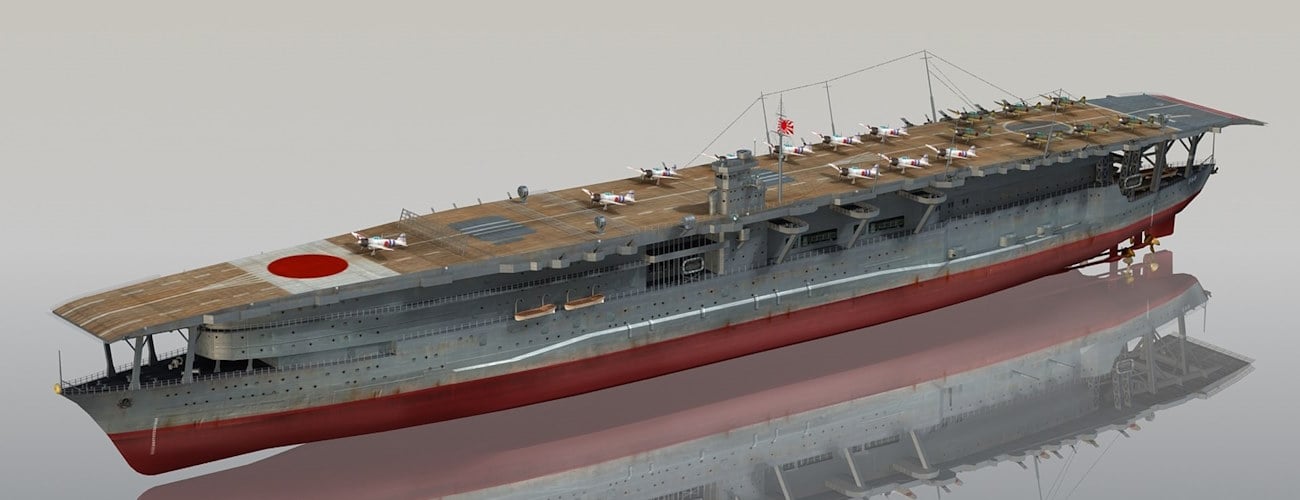 Une représentation 3D détaillée du porte-avions japonais Akagi, montrant sa taille imposante, son pont d'envol en bois et les nombreux avions embarqués. Le navire arbore fièrement le disque rouge du soleil levant.