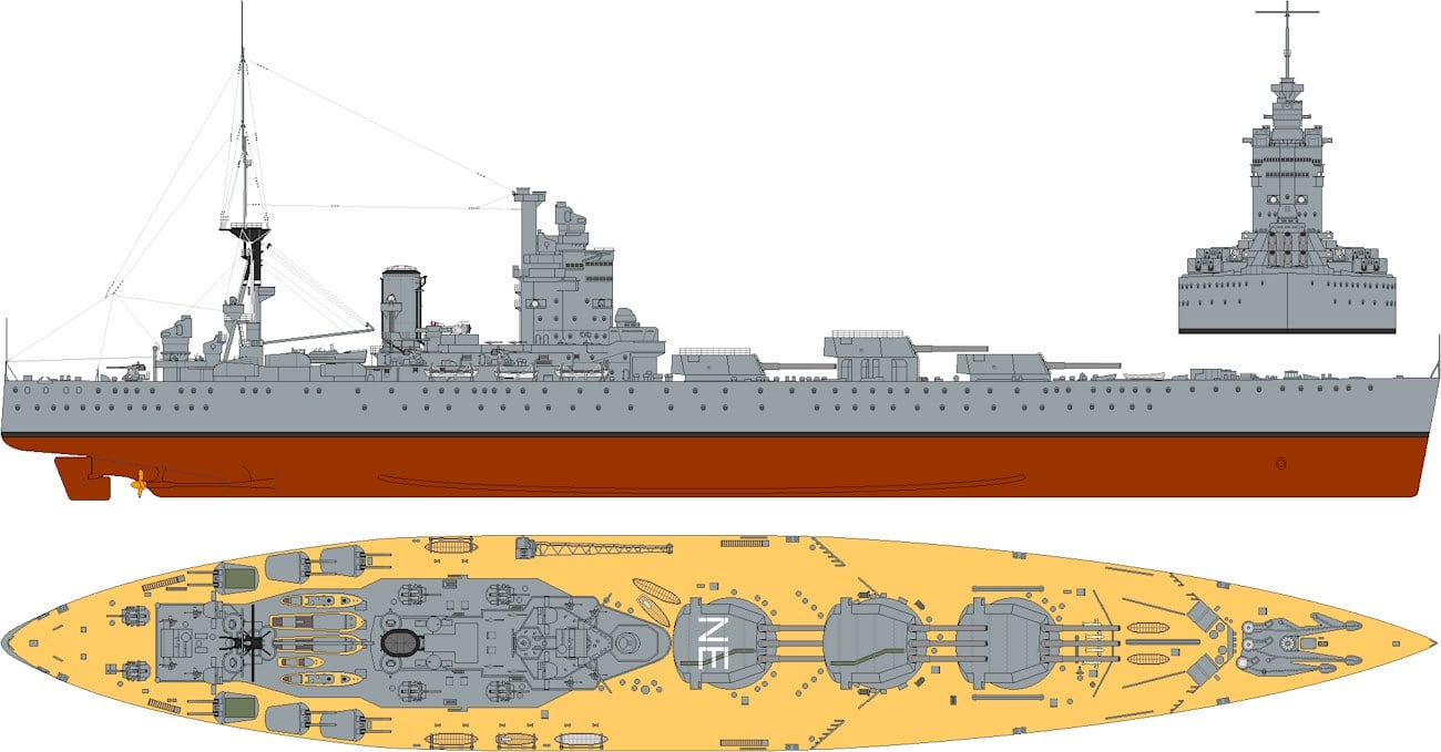 Le HMS Nelson, cuirassé britannique emblématique de l'entre-deux-guerres, avec ses trois tourelles principales à l'avant.