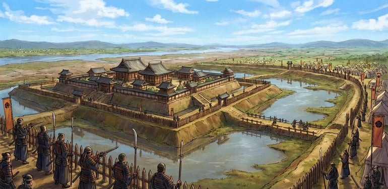 Gravure historique représentant le siège d’Ishiyama Hongan‑ji près d’Osaka, où les armées d’Oda Nobunaga affrontent les moines‑guerriers Ikkō‑ikki pendant la période Sengoku