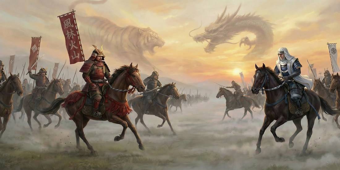 Takeda Shingen et Uesugi Kenshin s’affrontant lors d’une bataille de Kawanakajima sur la plaine de Nagano, pendant le Sengoku Jidai