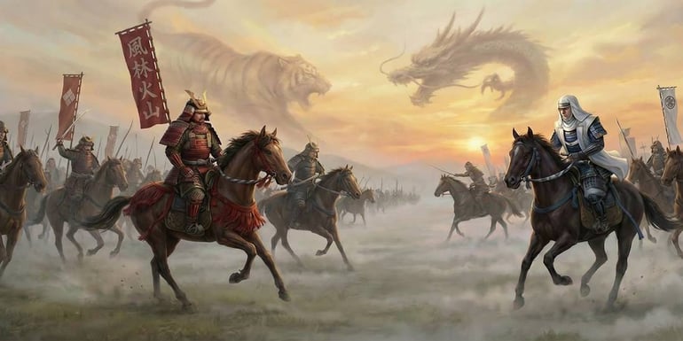 Takeda Shingen et Uesugi Kenshin s’affrontant lors d’une bataille de Kawanakajima sur la plaine de Nagano, pendant le Sengoku Jidai