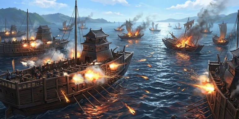 Batailles navales de Kizugawaguchi près d’Osaka, flotte d’Oda Nobunaga contre les navires du clan Mōri pendant le siège de l’Ishiyama Hongan-ji
