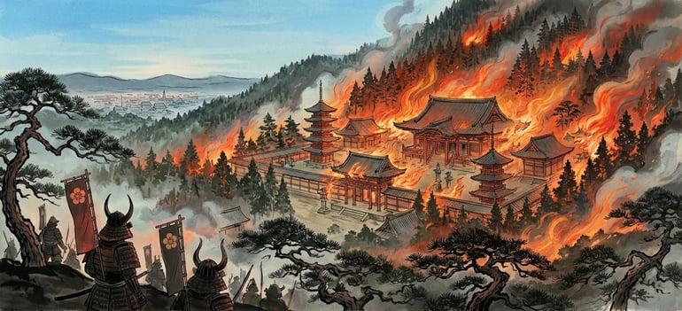 Illustration du siège du mont Hiei en 1571, armée d’Oda Nobunaga attaquant les temples bouddhistes d’Enryaku-ji au-dessus de Kyoto