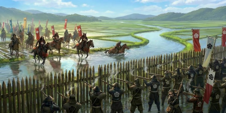 Gravure de la bataille de Nagashino à Shitaragahara en 1575, arquebusiers d’Oda Nobunaga faisant face à la cavalerie du clan Takeda